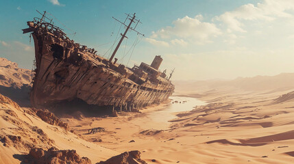 Old and rusty shipwreck sitting in middle of desert, post apocalyptic scene.