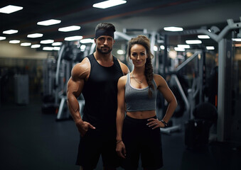 Muscular athletic fitness young couple standing in large modern gym.Macro.AI Generative.