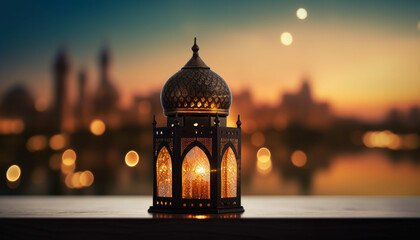 an islamic lantern with a blurred mosque in the background for al fitr and adha eid