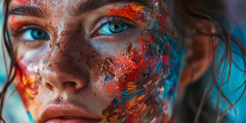 portrait with abstract elements, facial features smoothly blending into swirls of vibrant oil paint,