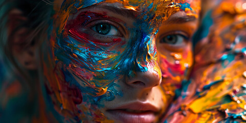 portrait with abstract elements, facial features smoothly blending into swirls of vibrant oil paint,