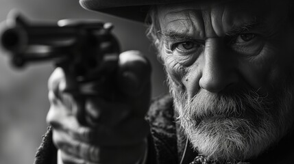 Outlaw with Gun and Hat in a Gritty Western Standoff, Portraying Tension and Drama - obrazy, fototapety, plakaty