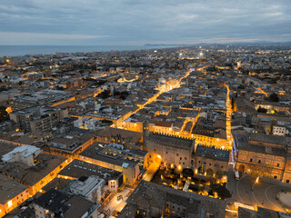 aerial view of Rimini at night in the Christmas period
