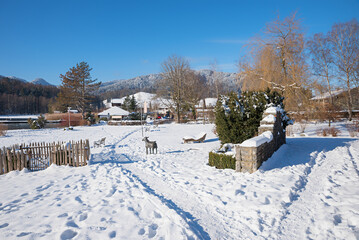 winter scenery at spa garden Schliersee, snowy landscape upper bavaria