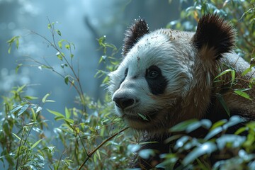 Panda in the Forest: A Serene Encounter with Nature's Gentle Giant Amidst Lush Bamboo