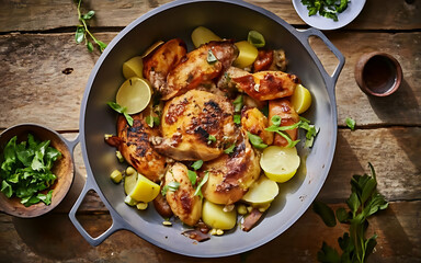 Capture the essence of Potato Olive Chicken Tajine in a mouthwatering food photography shot - obrazy, fototapety, plakaty