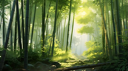 Panoramic view of a beautiful green forest in the morning.