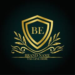 BE luxury letter logo template in gold color. Elegant gold shield icon. Modern vector Royal premium logo template vector