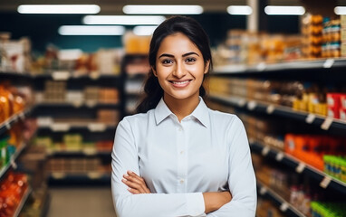 Young female grocery store assistant or owner standing confidently