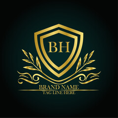 BH luxury letter logo template in gold color. Elegant gold shield icon. Modern vector Royal premium logo template vector
