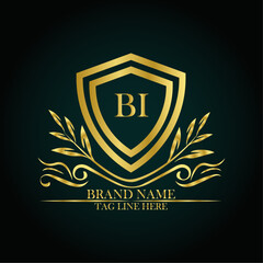 BI luxury letter logo template in gold color. Elegant gold shield icon. Modern vector Royal premium logo template vector
