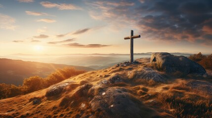 Holy christian religious cross at sunrise on top of hill crucifix - obrazy, fototapety, plakaty