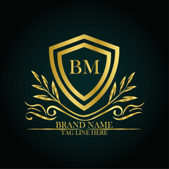 BM luxury letter logo template in gold color. Elegant gold shield icon. Modern vector Royal premium logo template vector