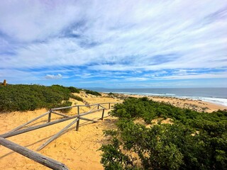 View of a beach access at Trafalgar Lighthouse, Los Caños de Meca and Zahora, Vejer de la Frontera, Costa de la Luz, Andalusia, Spain