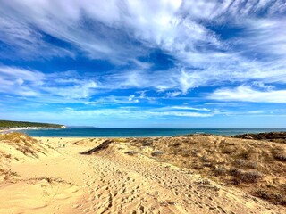 Fototapeta na wymiar view over the dunes at a sandy headland between Los Caños de Meca and Zahora, Faro de Trafalgar, Vejer de la Frontera, Costa de la Luz, Andalusia, Spain