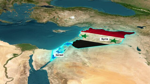 Map showing Israel and Syria borders with national flags side by side
