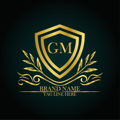 GM luxury letter logo template in gold color. Elegant gold shield icon. Modern vector Royal premium logo template vector