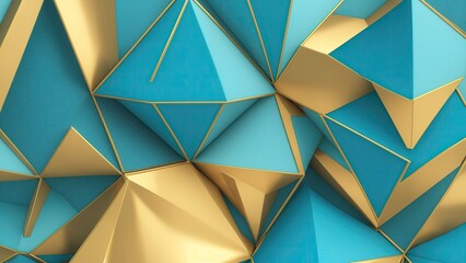 Cyan and gold 3d triangles background