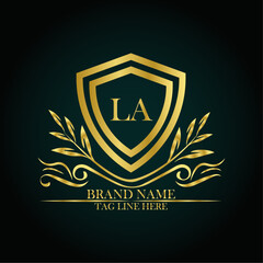 LA luxury letter logo template in gold color. Elegant gold shield icon. Modern vector Royal premium logo template vector