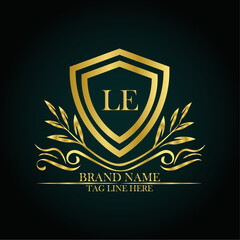 LE luxury letter logo template in gold color. Elegant gold shield icon. Modern vector Royal premium logo template vector