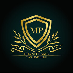 MP luxury letter logo template in gold color. Elegant gold shield icon. Modern vector Royal premium logo template vector