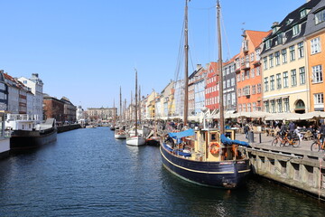 Colourful facade and old ships along the Nyhavn Canal, Copenhagen, Denmark