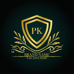 PK luxury letter logo template in gold color. Elegant gold shield icon. Modern vector Royal premium logo template vector