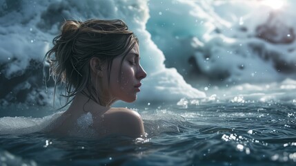 Serene Woman Swimming in a Tranquil Ocean Amidst Stormy Nature