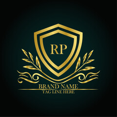 RP luxury letter logo template in gold color. Elegant gold shield icon. Modern vector Royal premium logo template vector