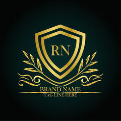 RN luxury letter logo template in gold color. Elegant gold shield icon. Modern vector Royal premium logo template vector
