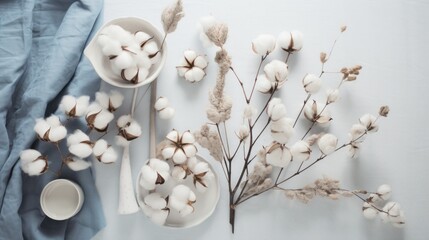 A table topped with a bowl of cotton flowers