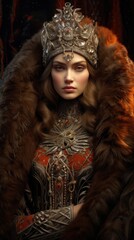 A woman wearing a crown and a fur coat