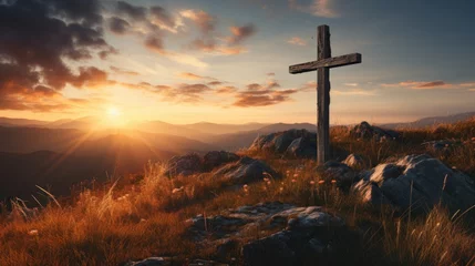 Foto op Canvas Holy christian religious cross at sunrise on top of hill crucifix © Barosanu