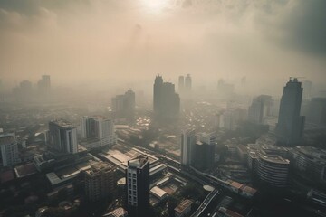 PM2.5 Unhealthy air pollution dust smoke in the urban city. Low visibility city view with dangerous haze and fog. Smog Bangkok city. Generative AI