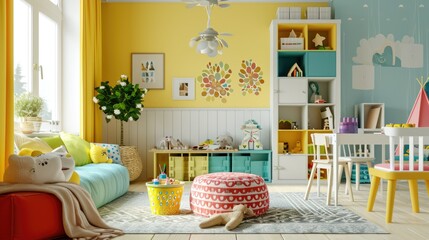 Vibrant and fun children's playroom or bedroom with colorful furnishing