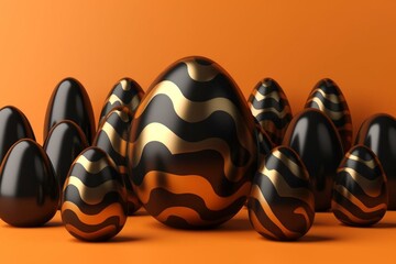 3D illustration of 13 black and gold Easter eggs on an orange background. Generative AI