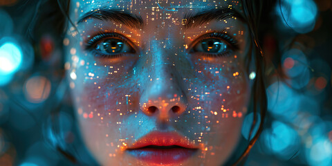 Holographic Frontal Portrait: Ultra-Translucent 3D Rendering of a Woman with Intricate Details, Evoking a Techno Atmosphere.