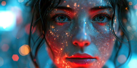 Holographic Frontal Portrait: Ultra-Translucent 3D Rendering of a Woman with Intricate Details, Evoking a Techno Atmosphere.