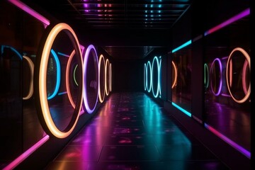 A circular tunnel with neon lighting and a floor. Generative AI