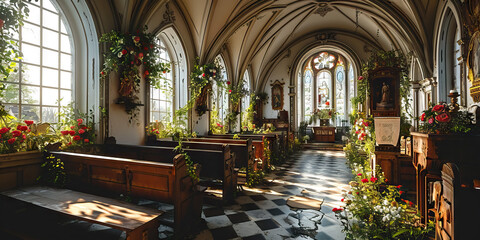 Obraz premium Empty Wedding Chapel: Unoccupied Pews, Altar, and Floral Arrangements, Evoking a Serene Atmosphere of Anticipation and Promise.