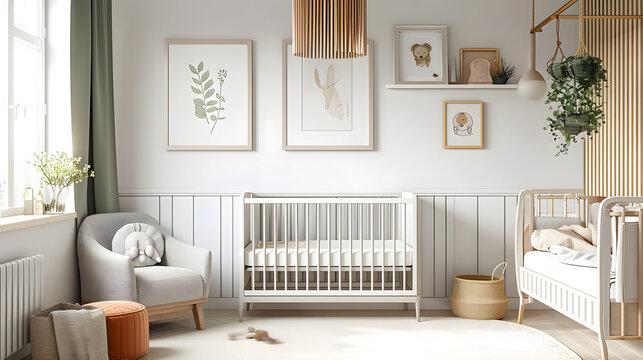 Modern minimalist nursery room in scandinavian style. Baby room interior in light colours, generated image