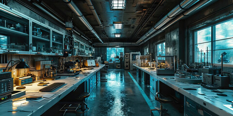 Abandoned Scientific Laboratory: Vacant Workstations, Equipment, and Glassware, Laden with the Potential of Unexplored Discoveries. - obrazy, fototapety, plakaty