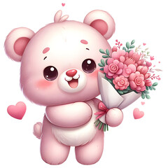 Naklejka premium Cute Valentine Teddy Bear with Rose Bouquet Clipart Transparent Illustration, AI Generated.
