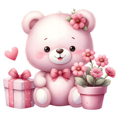 Valentine Rose Teddy Bear Clipart, Cute Teddy Bears Valentines Day Card for Poster Banner, Cute Teddy Bear Clipart, AI Generated.