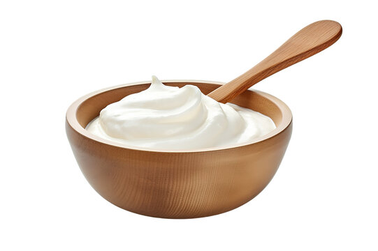 sour cream in wooden bowl and spoon, mayonnaise, yogurt, isolated on a Transparent background. Generative AI