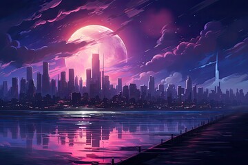 Purple city skyline against full moon at night. Synthwave captivating cityscape.