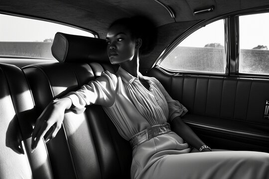 The retro charm of the 1970s comes to life in a monochrome image featuring a female model seated with poise on the back seat of a vintage car, embodying the era's sophisticated aesthetics