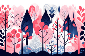 Baby fairy tale forest in Scandinavian style. Naive flat with a forest landscape. Cute cartoon trees isolated on  transprencey generative AI 