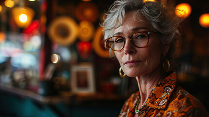 Obraz premium Middle-Aged Woman with a Passion for Vintage Fashion, Showcasing Retro Patterns and Colors, Striking a Humorous Pose in a Quirky Vintage Store