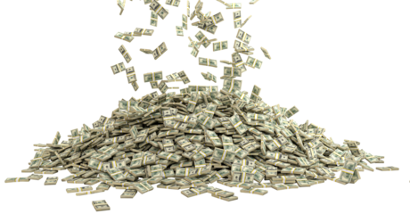 bundles of dollars fall and form a pile isolated on white